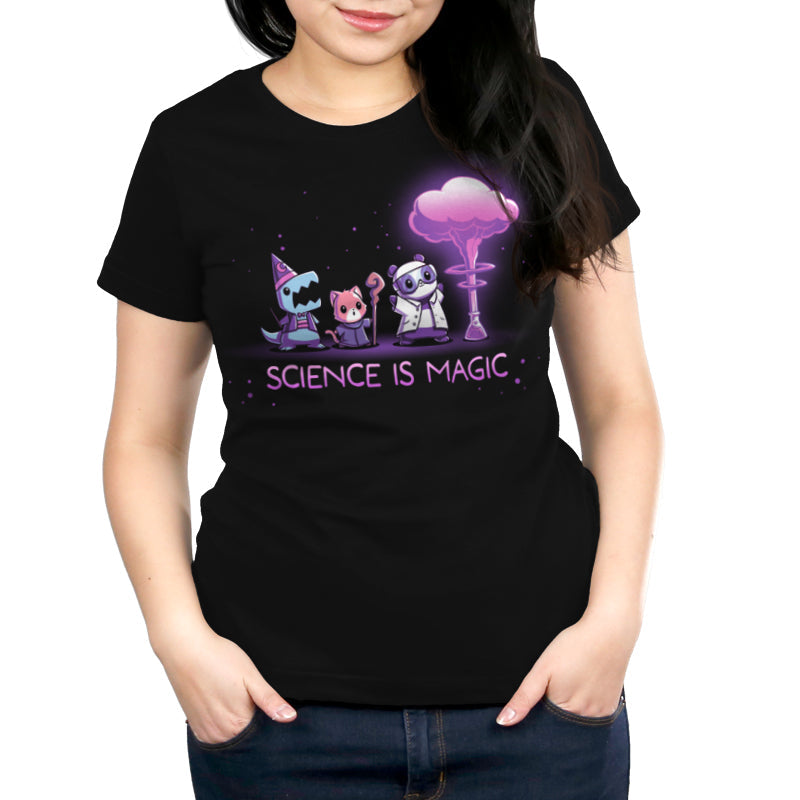 Premium Cotton T-shirt_TeeTurtle Science is Magic black t-shirt featuring a shark in a wizard costume, a red panda with a magic staff, and a panda in a lab coat who observe purple smoke emerging from a flask next to them. Text below reads "Science is Magic". 