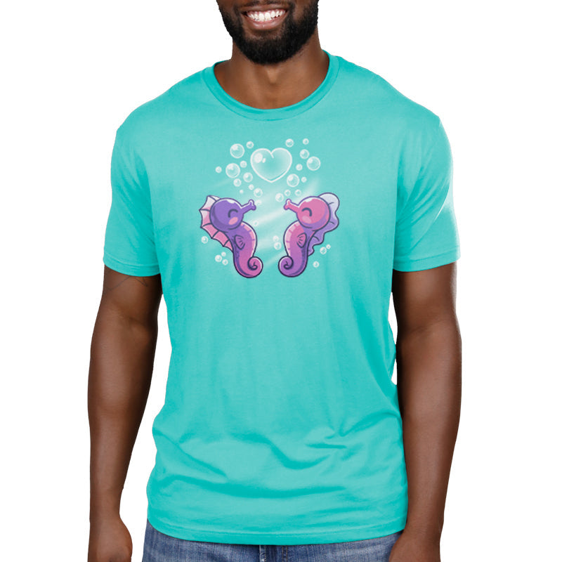 Premium Cotton T-shirt_Teeturtle Seahorse Love Caribbean Blue Featuring a pair of cute seahorses, one purple, the other pink, blowing bubbles together one of which is in the shape of a heart.