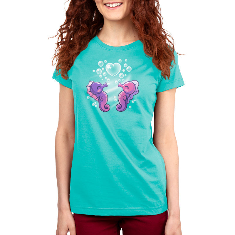 Premium Cotton T-shirt_Teeturtle Seahorse Love Caribbean Blue Featuring a pair of cute seahorses, one purple, the other pink, blowing bubbles together one of which is in the shape of a heart.