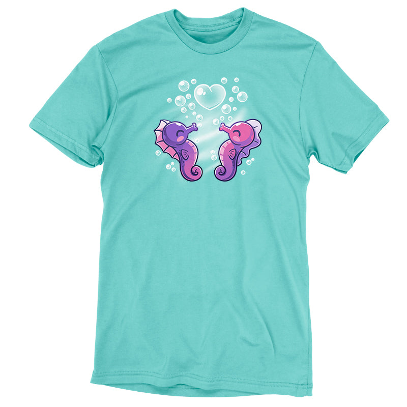 Premium Cotton T-shirt_Teeturtle Seahorse Love Caribbean Blue Featuring a pair of cute seahorses, one purple, the other pink, blowing bubbles together one of which is in the shape of a heart.