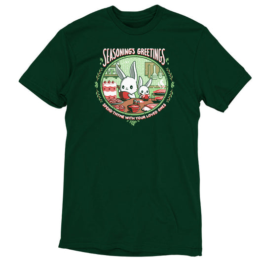 Premium Cotton T-shirt_TeeTurtle Seasoning's Greetings Forest Green t-shirt featuring two cartoon rabbits prepare food in a kitchen with the text 