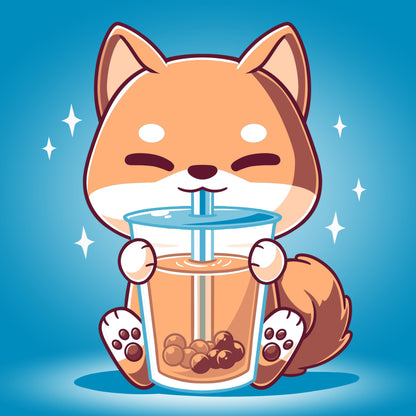 Premium Cotton T-shirt_TeeTurtle Boba Shiba Cobalt Blue t-shirt featuring a cartoon fox happily drinking Boba Shiba from a cup with a straw, set against a blue background with sparkles.