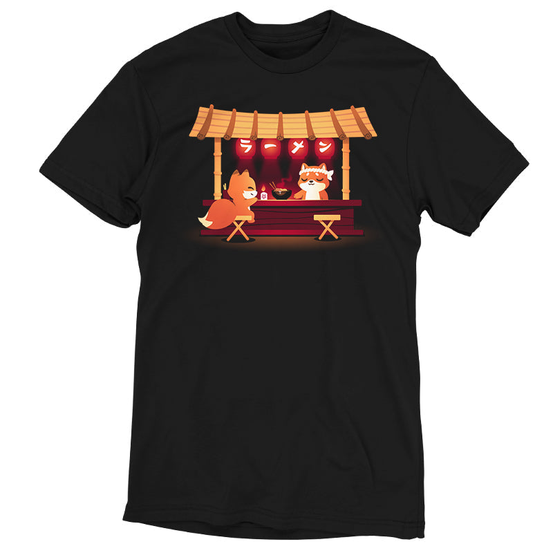 Premium Cotton T-shirt_TeeTurtle Shiba's Ramen Stall black t-shirt featuring an orange fox sitting being served by an orange shiba inu at a food stall. The stall is decorated with red lanterns and a bowl of steaming noodles is being served. 