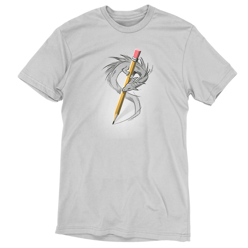 Premium Cotton T-shirt_TeeTurtle Sketchbook Dragon silver gray t-shirt featuring a gray dragon drawing while wrapped around a yellow pencil. 