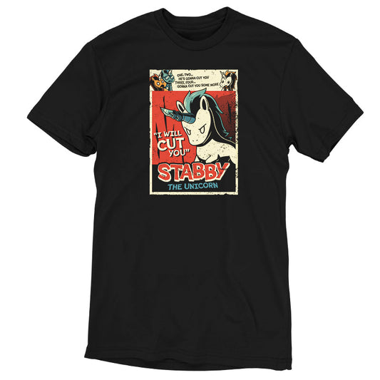 Premium Cotton T-shirt_TeeTurtle Slasher Stabby black t-shirt featuring a comic book cover of Stabby the Unicorn, who is shown with a serious expression and a saw-blade attached to their horn with dark humor dialogue that says, 