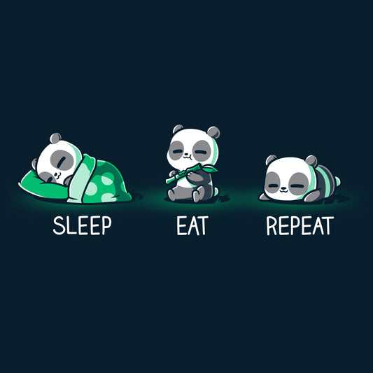 Premium Cotton T-shirt_TeeTurtle navy blue Sleep. Eat. Repeat. Featuring a panda eating, sleeping, and lying down.