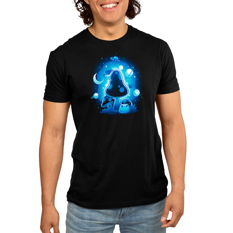 Premium Cotton T-shirt_TeeTurtle So Mushroom in Space black t-shirt featuring a glowing blue mushroom with a frog at its base, surrounded by planets, a crescent moon, stars, and a UFO in the night sky.