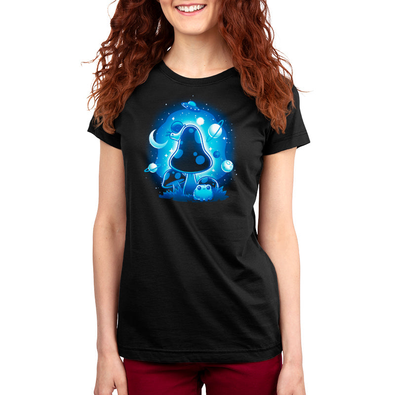 Premium Cotton T-shirt_TeeTurtle So Mushroom in Space black t-shirt featuring a glowing blue mushroom with a frog at its base, surrounded by planets, a crescent moon, stars, and a UFO in the night sky.