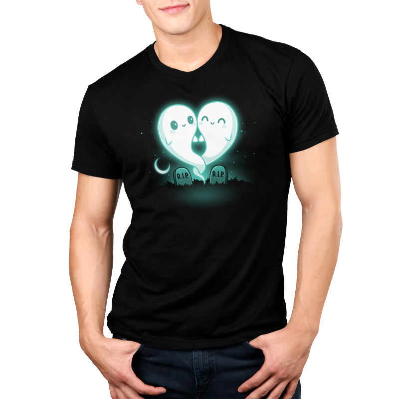 Premium Cotton T-shirt_TeeTurtle Soulmates black t-shirt featuring two glowing ghost figures, forming a heart shape, float above two gravestones that read "R.I.P."