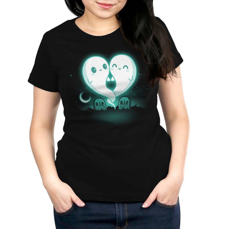 Premium Cotton T-shirt_TeeTurtle Soulmates black t-shirt featuring two glowing ghost figures, forming a heart shape, float above two gravestones that read "R.I.P."