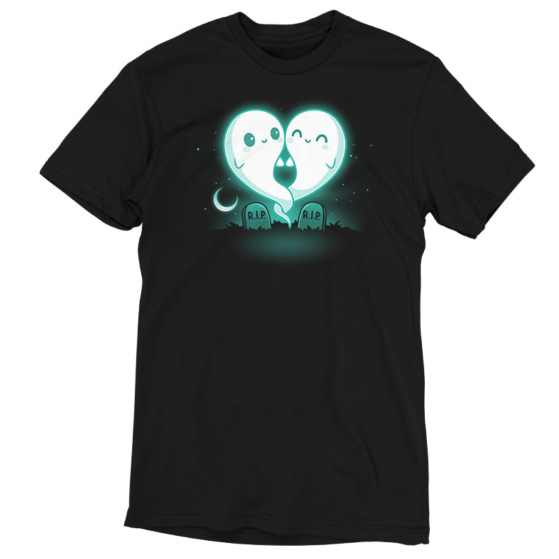 Premium Cotton T-shirt_TeeTurtle Soulmates black t-shirt featuring two glowing ghost figures, forming a heart shape, float above two gravestones that read "R.I.P."