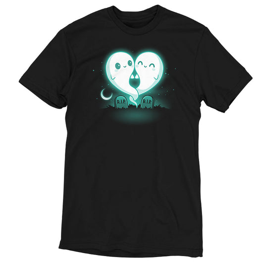 Premium Cotton T-shirt_TeeTurtle Soulmates black t-shirt featuring two glowing ghost figures, forming a heart shape, float above two gravestones that read 