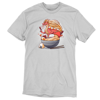 Premium Cotton T-shirt_TeeTurtle Spicy Ramen Dragon silver gray t-shirt featuring a red dragon made of noodles emerging from a bowl of ramen, with chopsticks on the side and a rice ball next to the bowl.