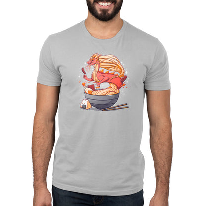 Premium Cotton T-shirt_TeeTurtle Spicy Ramen Dragon silver gray t-shirt featuring a red dragon made of noodles emerging from a bowl of ramen, with chopsticks on the side and a rice ball next to the bowl.