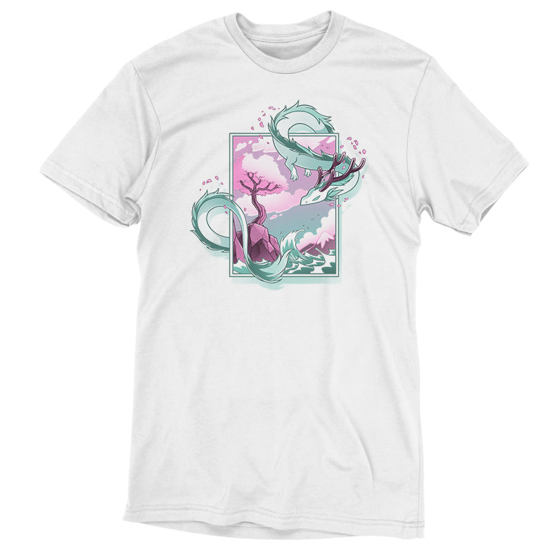 Premium Cotton T-shirt_TeeTurtle Spring Blossom Dragon white t-shirt featuring an artistic dragon surrounding a painting of a cherry blossom tree on a cliff next to the ocean.