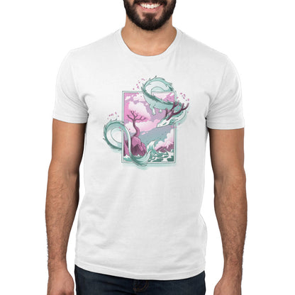 Premium Cotton T-shirt_TeeTurtle Spring Blossom Dragon white t-shirt featuring an artistic dragon surrounding a painting of a cherry blossom tree on a cliff next to the ocean.