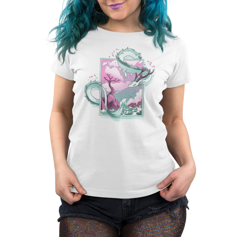 Premium Cotton T-shirt_TeeTurtle Spring Blossom Dragon white t-shirt featuring an artistic dragon surrounding a painting of a cherry blossom tree on a cliff next to the ocean.