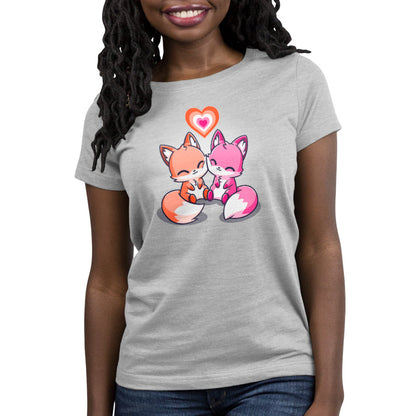 Premium Cotton T-shirt_TeeTurtle Love Out Loud silver gray t-shirt featuring one orange fox and one pink fox smiling and pressing their cheeks together with a pride flag heart above them.