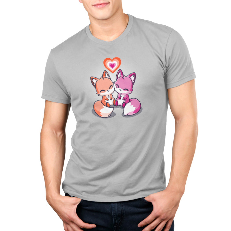 Premium Cotton T-shirt_TeeTurtle Love Out Loud silver gray t-shirt featuring one orange fox and one pink fox smiling and pressing their cheeks together with a pride flag heart above them.