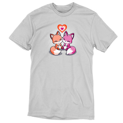 Premium Cotton T-shirt_TeeTurtle Love Out Loud silver gray t-shirt featuring one orange fox and one pink fox smiling and pressing their cheeks together with a pride flag heart above them.