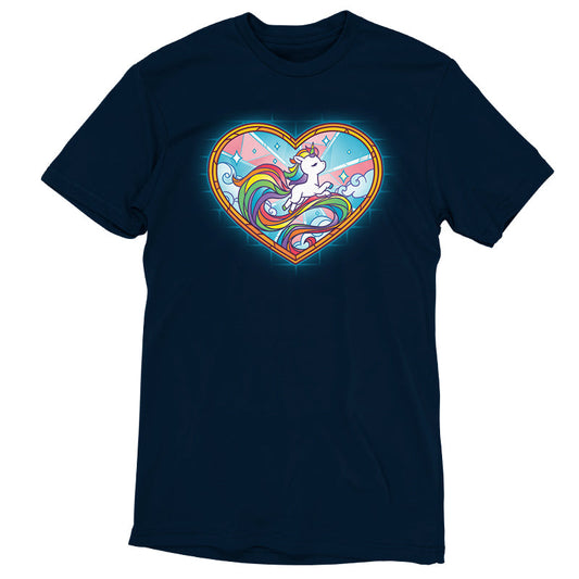 Premium Cotton T-shirt_TeeTurtle Stained Glass Unicorn navy blue t-shirt featuring an artistic pride unicorn with a long rainbow tail in a stained glass style heart with clouds and sparkles.