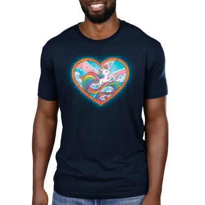 Premium Cotton T-shirt_TeeTurtle Stained Glass Unicorn navy blue t-shirt featuring an artistic pride unicorn with a long rainbow tail in a stained glass style heart with clouds and sparkles.