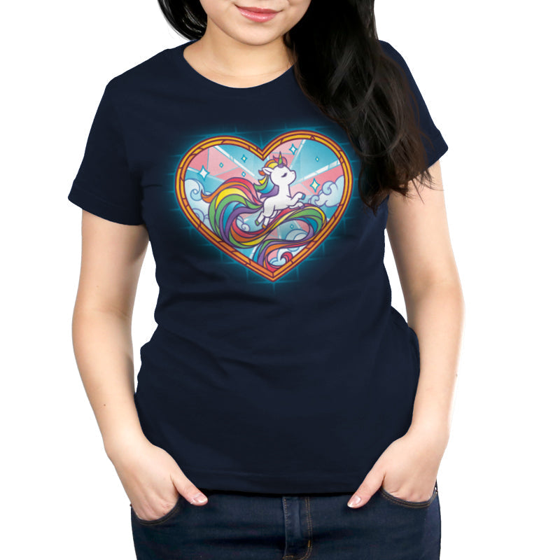 Premium Cotton T-shirt_TeeTurtle Stained Glass Unicorn navy blue t-shirt featuring an artistic pride unicorn with a long rainbow tail in a stained glass style heart with clouds and sparkles.