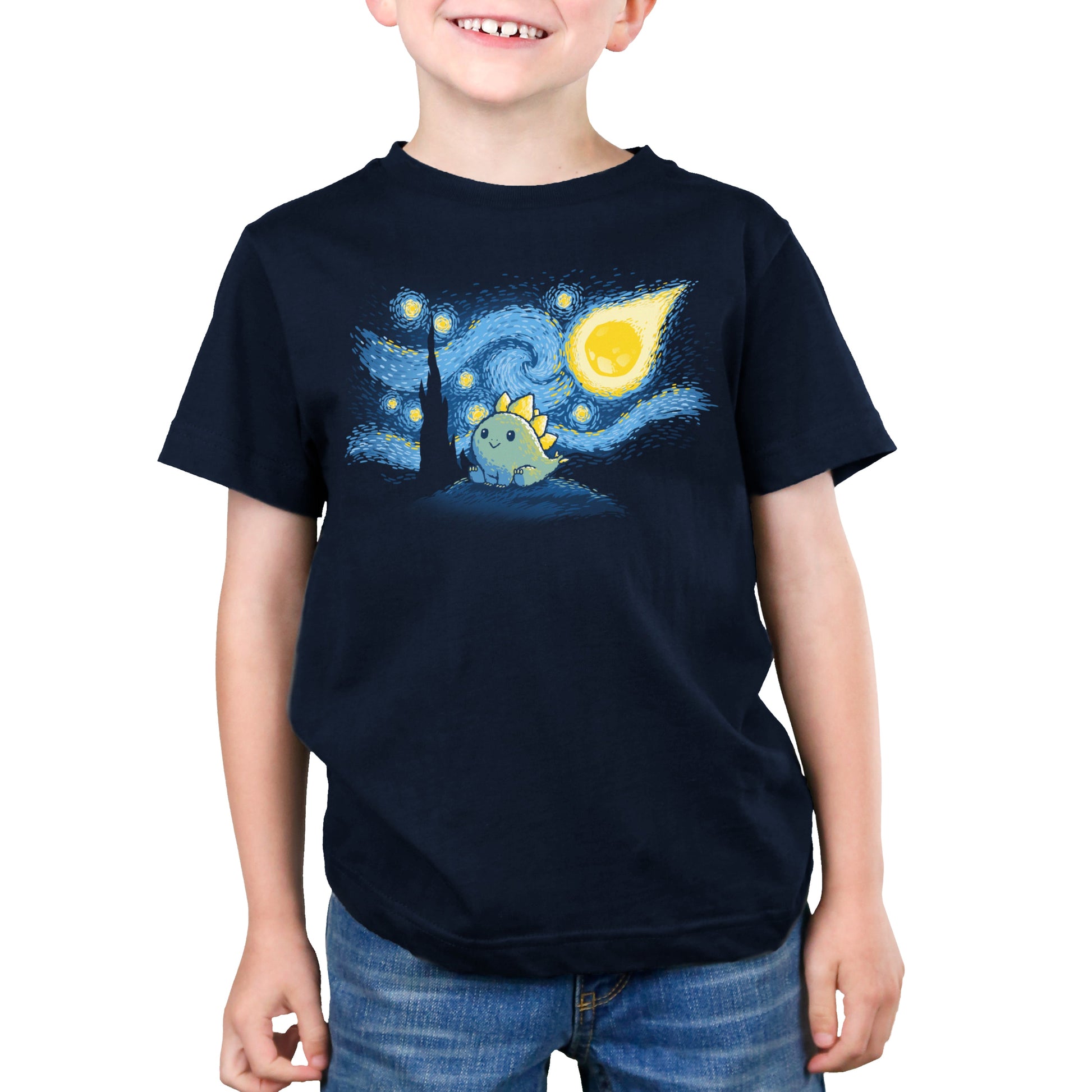 Premium Cotton T-shirt_TeeTurtle Stego Night navy blue t-shirt featuring an illustration of a cute dinosaur with stegosaurus-like plates, set against a "Starry Night"-inspired background.