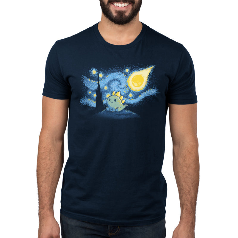 Premium Cotton T-shirt_TeeTurtle Stego Night navy blue t-shirt featuring an illustration of a cute dinosaur with stegosaurus-like plates, set against a "Starry Night"-inspired background.