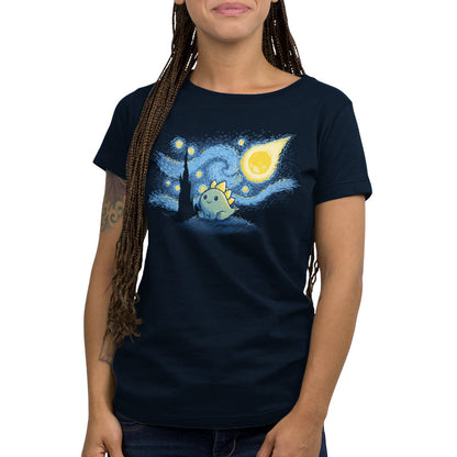 Premium Cotton T-shirt_TeeTurtle Stego Night navy blue t-shirt featuring an illustration of a cute dinosaur with stegosaurus-like plates, set against a "Starry Night"-inspired background.