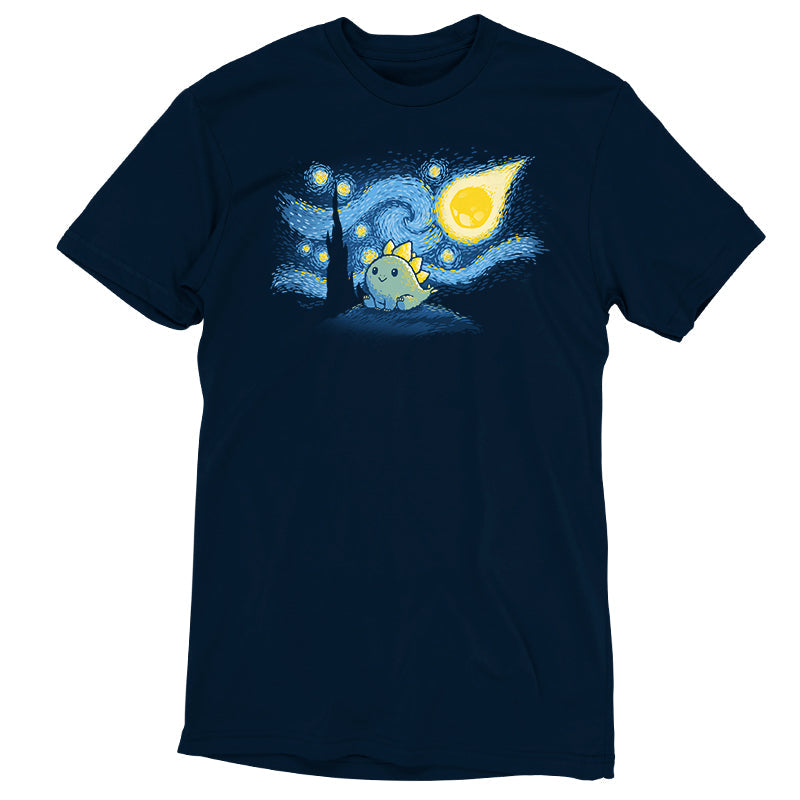 Premium Cotton T-shirt_TeeTurtle Stego Night navy blue t-shirt featuring an illustration of a cute dinosaur with stegosaurus-like plates, set against a "Starry Night"-inspired background.