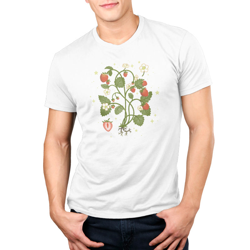 Premium Cotton T-shirt_TeeTurtle Strawberry Harvest while t-shirt featuring a strawberry plant.
