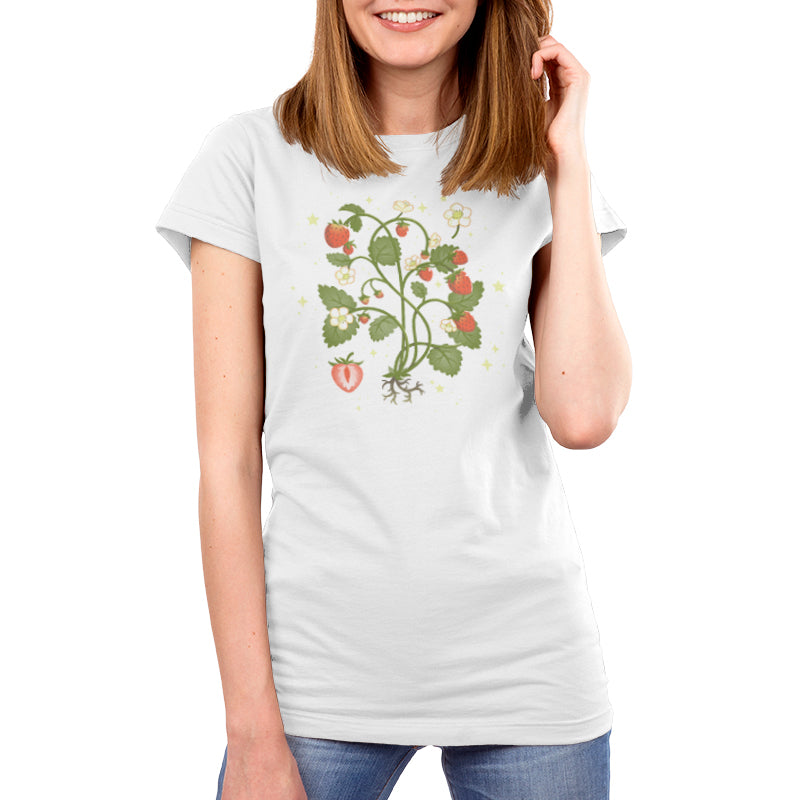 Premium Cotton T-shirt_TeeTurtle Strawberry Harvest while t-shirt featuring a strawberry plant.
