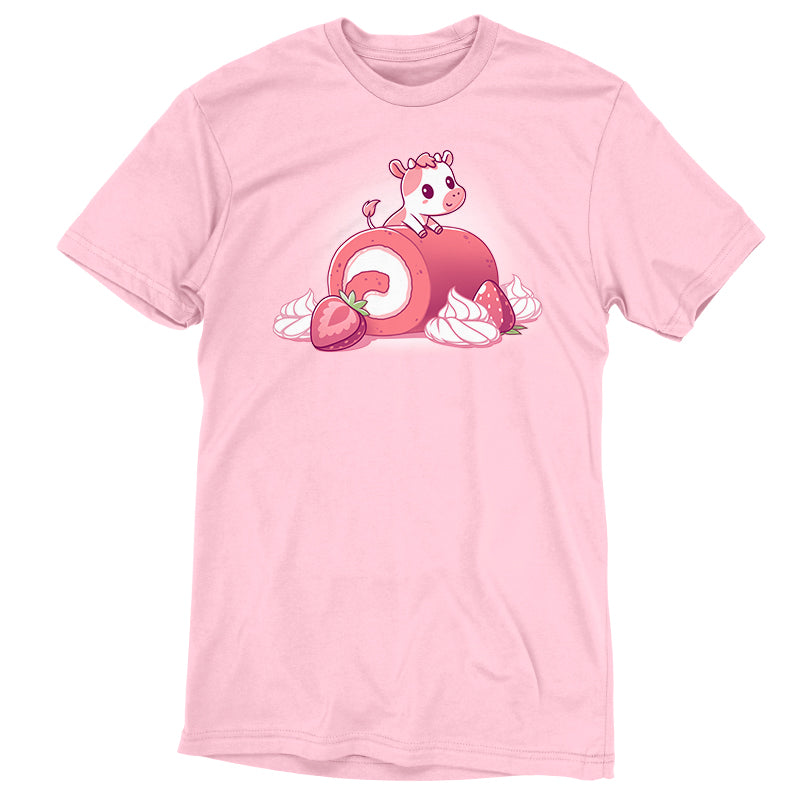 Premium Cotton T-shirt_TeeTurtle light pink Strawberry Roll Cow t-shirt featuring a pink cow perched on a strawberry roll.