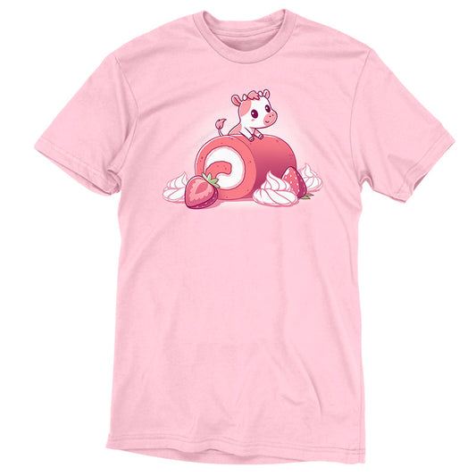 Premium Cotton T-shirt_TeeTurtle light pink Strawberry Roll Cow t-shirt featuring a pink cow perched on a strawberry roll.