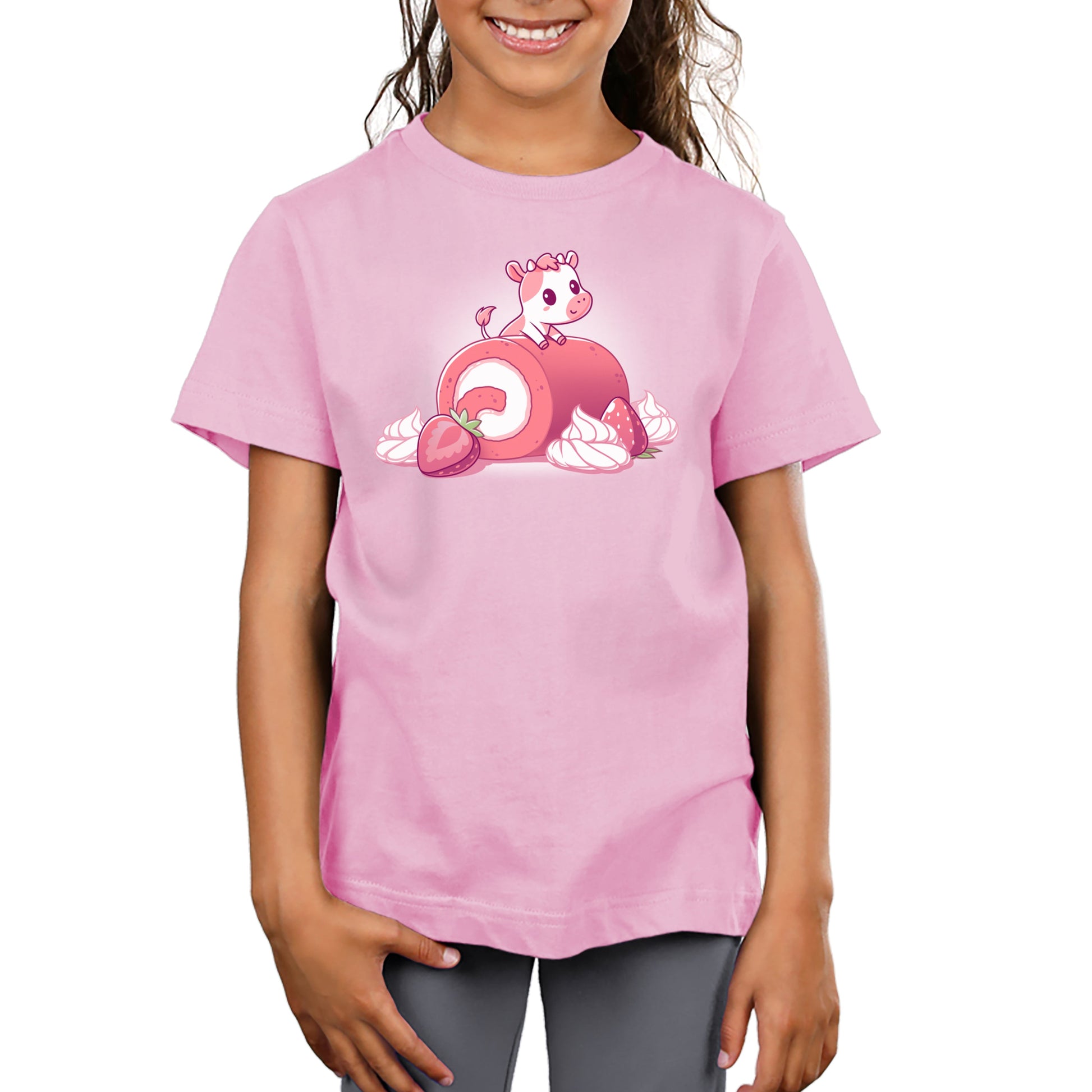 Premium Cotton T-shirt_TeeTurtle light pink Strawberry Roll Cow t-shirt featuring a pink cow perched on a strawberry roll.