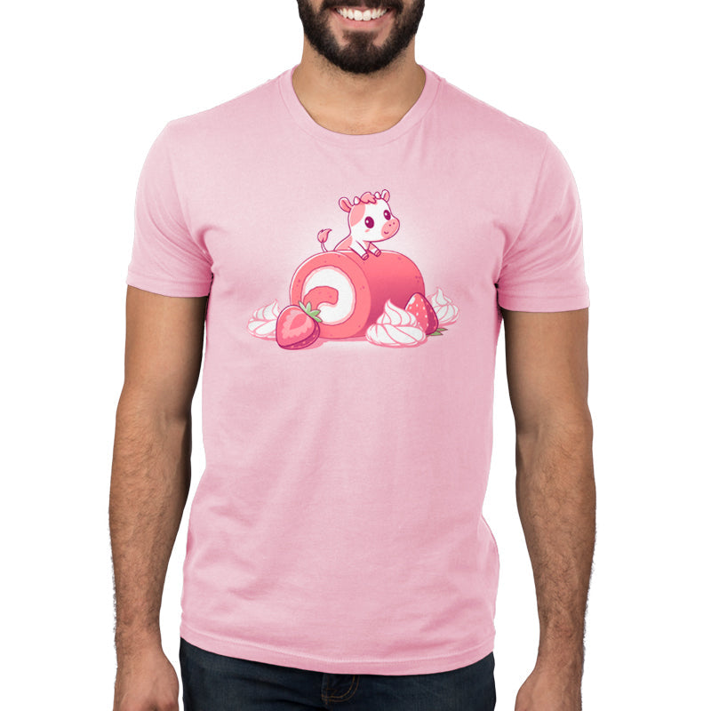 Premium Cotton T-shirt_TeeTurtle light pink Strawberry Roll Cow t-shirt featuring a pink cow perched on a strawberry roll.