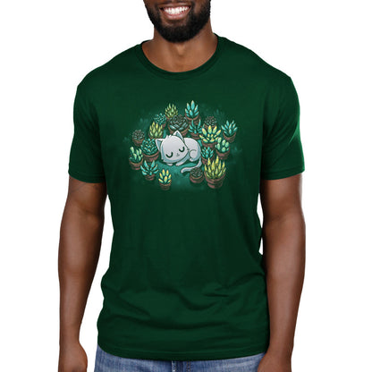 Premium Cotton T-shirt_TeeTurtle Succulent Garden Forrest Green t-shirt featuring an illustration of a white cat sleeping, surrounded by various green and yellow succulent plants in pots, set against a dark green background. 