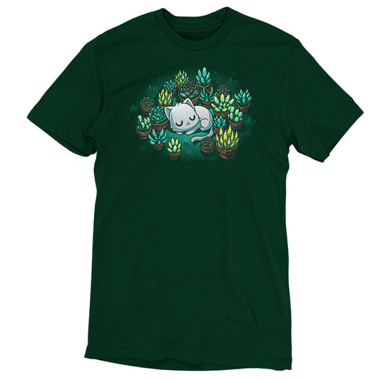 Premium Cotton T-shirt_TeeTurtle Succulent Garden Forrest Green t-shirt featuring an illustration of a white cat sleeping, surrounded by various green and yellow succulent plants in pots, set against a dark green background. 