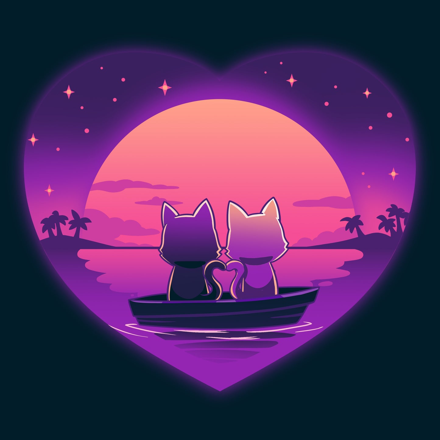 Premium Cotton T-shirt_TeeTurtle Sunset Romance navy blue t-shirt featuring two cats sitting in a boat on calm water, gazing at a colorful sunset framed by a heart shape, with a starry sky and palm trees in the background.