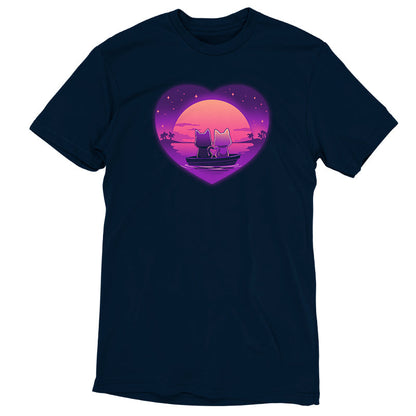 Premium Cotton T-shirt_TeeTurtle Sunset Romance navy blue t-shirt featuring two cats sitting in a boat on calm water, gazing at a colorful sunset framed by a heart shape, with a starry sky and palm trees in the background.