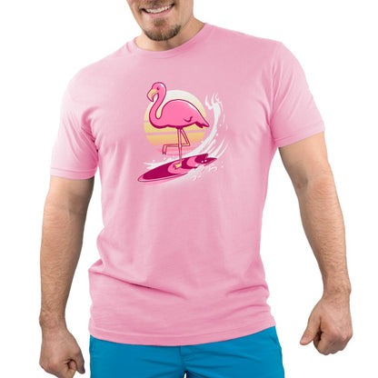 Premium Cotton T-shirt_TeeTurtle Surfing Flamingo light pink t-shirt featuring an artistic flamingo on a surfboard with a sun behind.