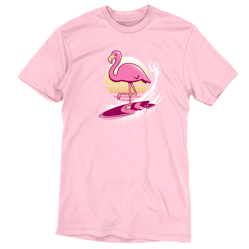 Premium Cotton T-shirt_TeeTurtle Surfing Flamingo light pink t-shirt featuring an artistic flamingo on a surfboard with a sun behind.