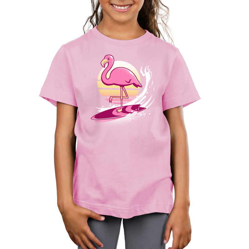 Premium Cotton T-shirt_TeeTurtle Surfing Flamingo light pink t-shirt featuring an artistic flamingo on a surfboard with a sun behind.