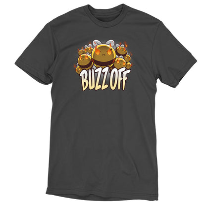 Premium Cotton T-shirt_TeeTurtle Swarm of Fury charcoal gray t-shirt featuring a group of angry bees with flames in their eyes, accompanied by the text "BUZZ OFF" written underneath. 