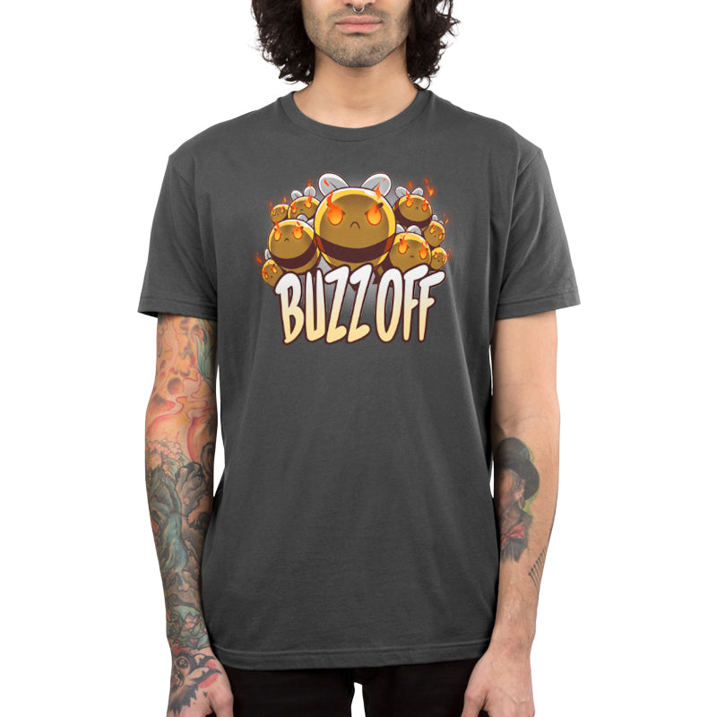 Premium Cotton T-shirt_TeeTurtle Swarm of Fury charcoal gray t-shirt featuring a group of angry bees with flames in their eyes, accompanied by the text "BUZZ OFF" written underneath. 