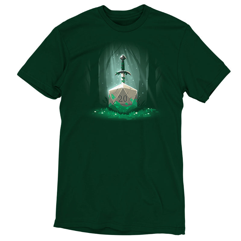 Premium Cotton T-shirt_TeeTurtle Sword in the D20 forest green t-shirt featuring a sword entwined with vines is embedded in a large stone marked with the number "20" in the middle of a dark, misty forest.