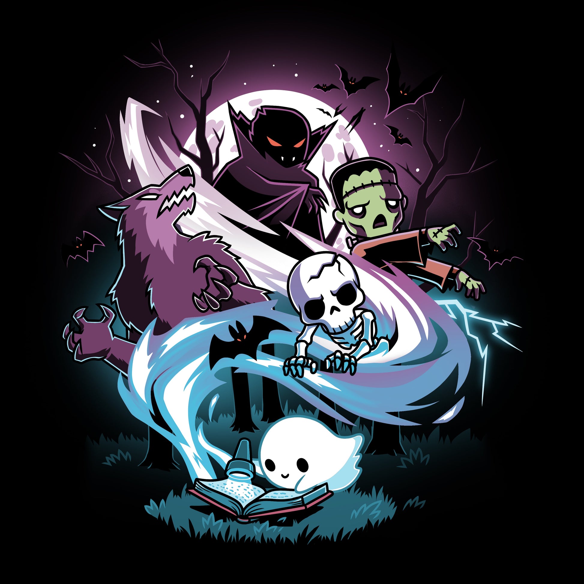 Premium Cotton T-shirt_TeeTurtle Tales of Horror black t-shirt featuring a little ghost reading in the forest by flashlight with a swirl of characters coming out of their book including a werewolf, Frakenstein, a vampire, and a skeleton 