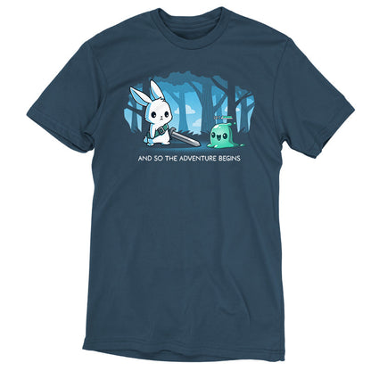 Premium Cotton T-shirt_TeeTurtle The Adventure Begins denim t-shirt featuring a cartoon rabbit brandishing a sword facing a small green slime creature labeled 'LV.1' in a forest. The text below reads, "AND SO THE ADVENTURE BEGINS." 