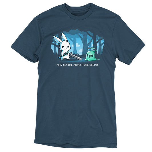 Premium Cotton T-shirt_TeeTurtle The Adventure Begins denim t-shirt featuring a cartoon rabbit brandishing a sword facing a small green slime creature labeled 'LV.1' in a forest. The text below reads, 